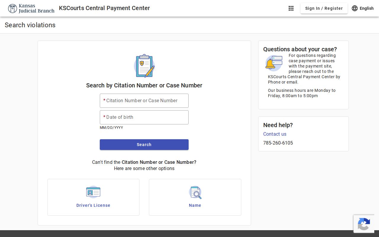 Russell County traffic ticket search fields in Central Payment